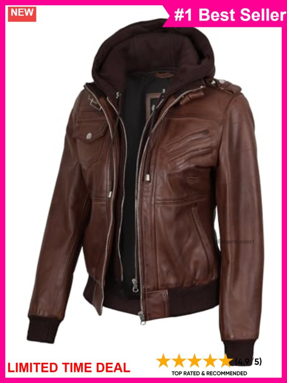 Womens Real Lambskin Leather Bomber Jacket with Detachable Hood